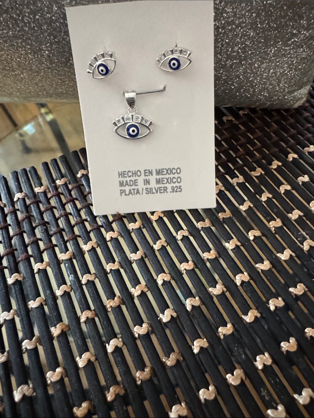 Handmade Silver Evil Eye Pendant & Stud Earring Set - Blue